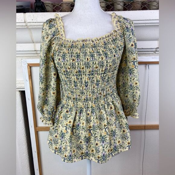 Max Studio butter yellow floral chiffon blouse w/ stretchy bodice long sleeves - Picture 1 of 12